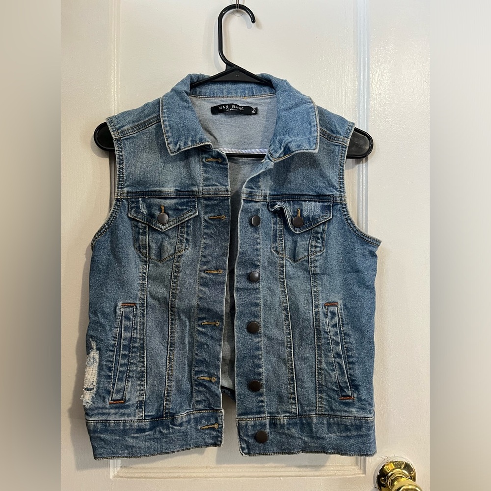 Max Jeans: Distressed Denim Vest Jacket- Size S